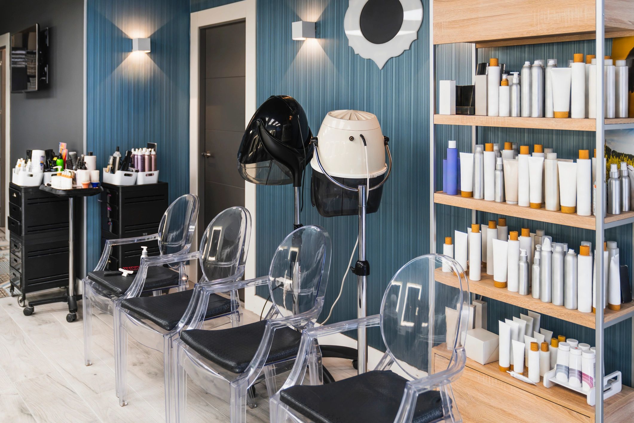 Empty modern hair salon interior with styling chairs